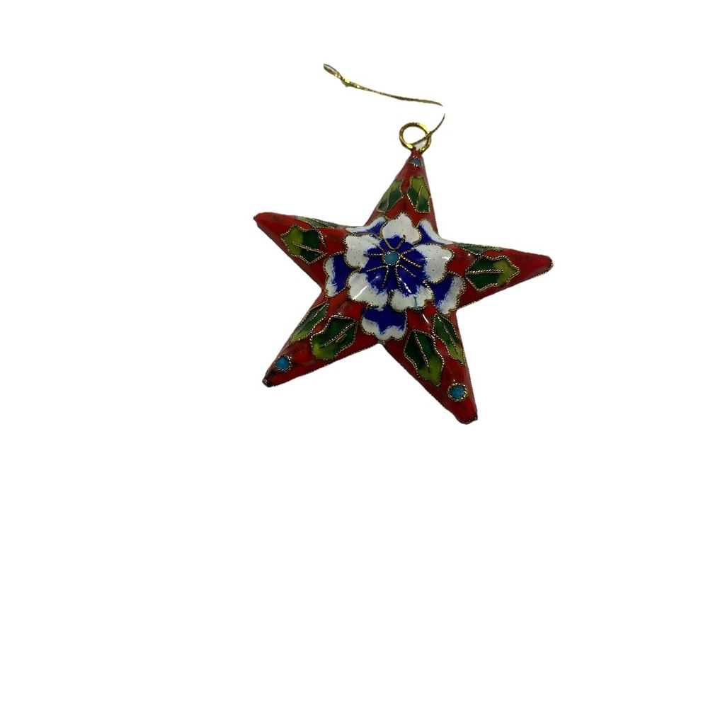 VTG Christmas Cloisonné Red White And Blue Star Floral Ornament-3 In Rare